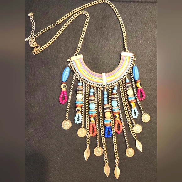 Aldo Statement Necklace Ethnic Beaded Dangles Gold Tone Curb Chain Bib 26" - Picture 4 of 5
